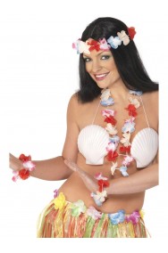 Set Costume Hawaiana Collana , Corna e Bracciale Floreale Bianco Carnevale
