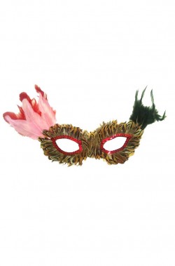 maschera stile veneziano rossa con piume tortora e rosa