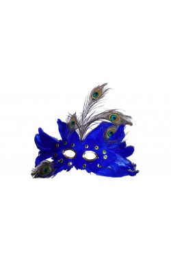 maschera stile veneziano oro con piume blu e tortora