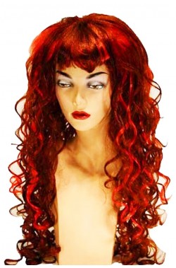 Parrucca donna rossa con striature nere lunga mossa con frangia