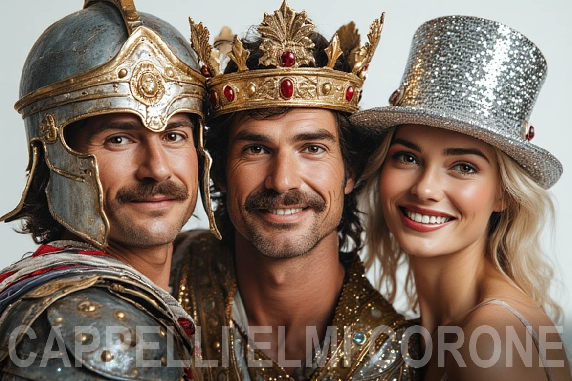 la foto mostra un uomo con un elmo da antico romano uno con una corona da re per carnevale ed una donna con un cappello a cilindro