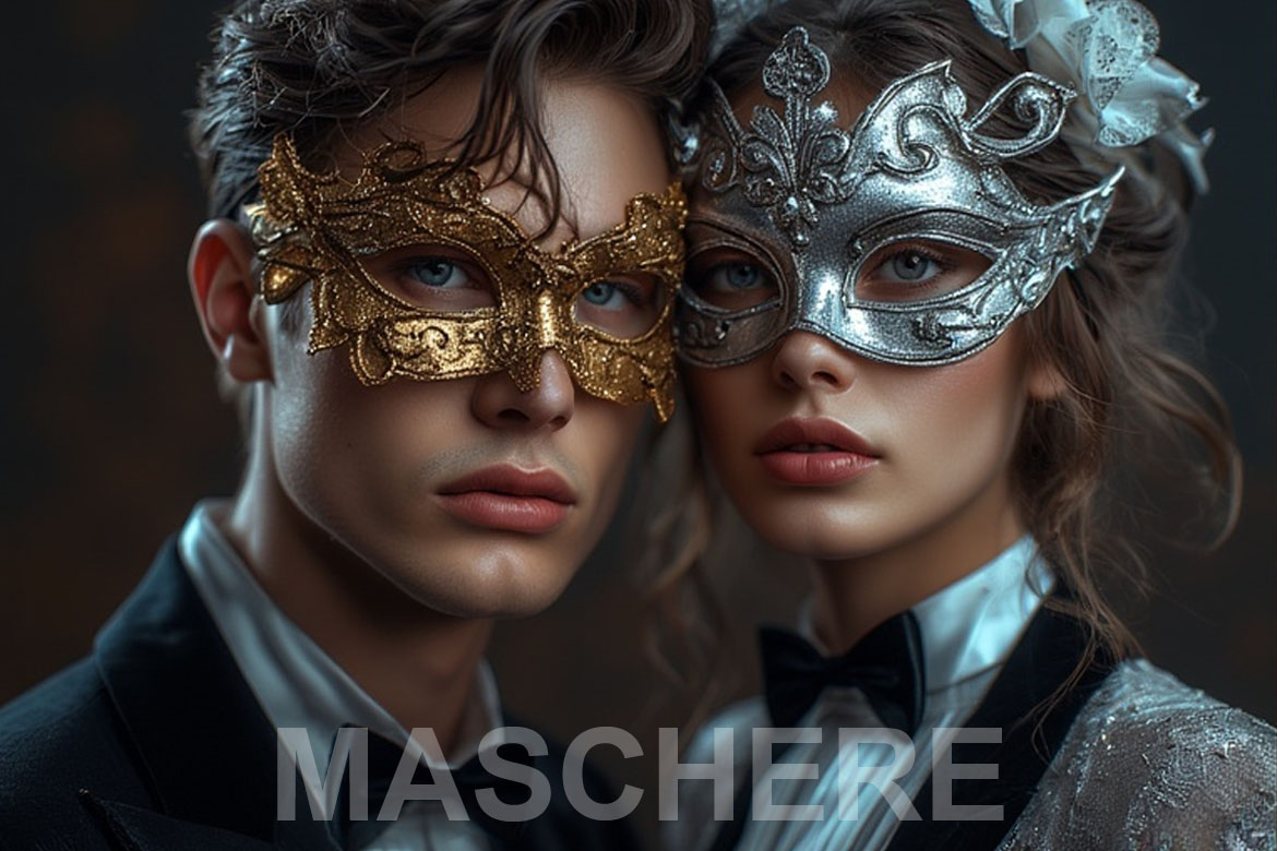 la foto mostra un uomo ed una donna che indossano due maschere di carnevale eleganti