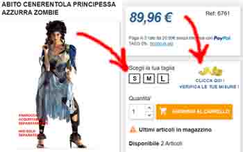 La foto mostra dove trovare una tabella taglie di un costume halloween donna